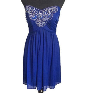 BLONDIE NITES | Blue Rhinestone Chiffon Strapless Dress Size 9